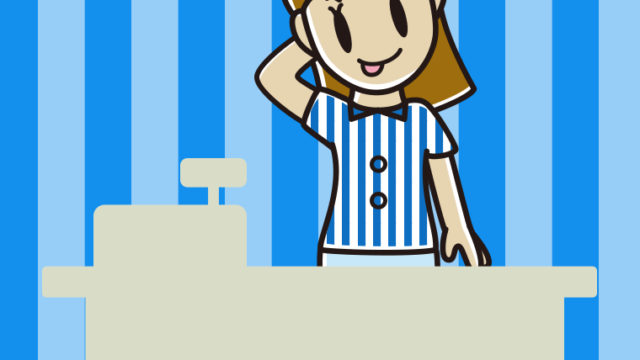 テヘヘな女性コンビニ店員のイラスト【色、背景あり】PNG