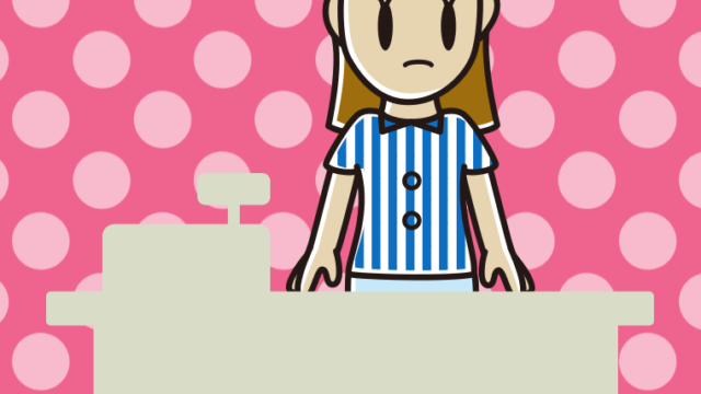 何かに気付く女性コンビニ店員のイラスト【色、背景あり】PNG