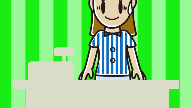 苦笑いする女性コンビニ店員のイラスト【色、背景あり】PNG