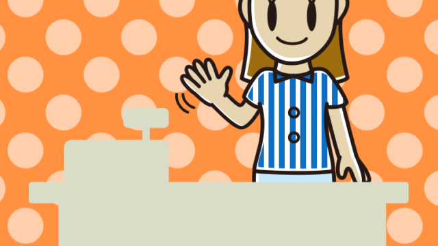 手を振る女性コンビニ店員のイラスト【色、背景あり】PNG