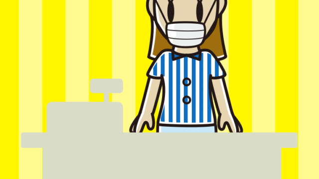 マスクをする女性コンビニ店員のイラスト【色、背景あり】PNG