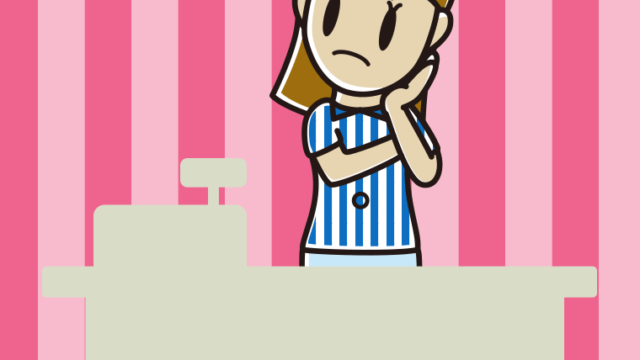 考える女性コンビニ店員のイラスト【色、背景あり】PNG