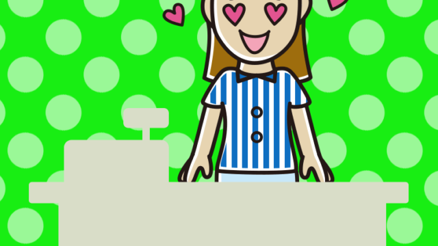 目がハートの女性コンビニ店員のイラスト【色、背景あり】PNG