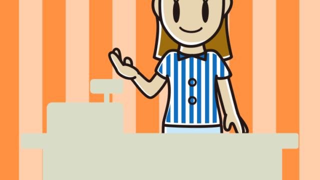 案内する女性コンビニ店員のイラスト【色、背景あり】PNG