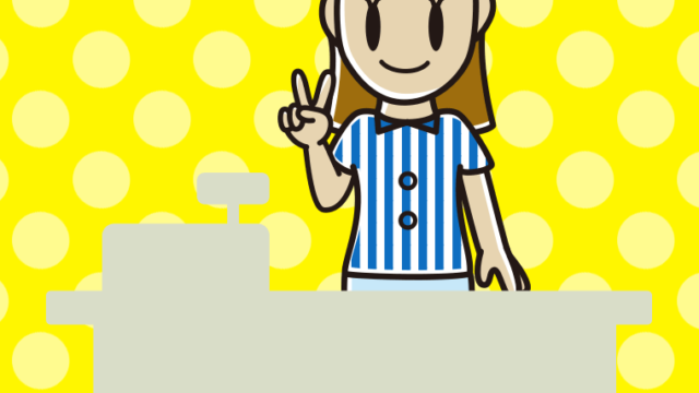 ピースをする女性コンビニ店員のイラスト【色、背景あり】PNG