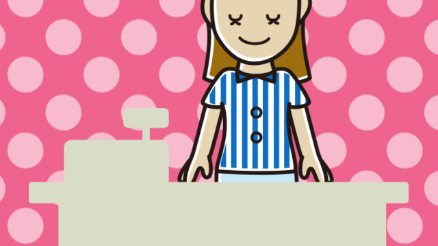 目を閉じる女性コンビニ店員のイラスト【色、背景あり】PNG