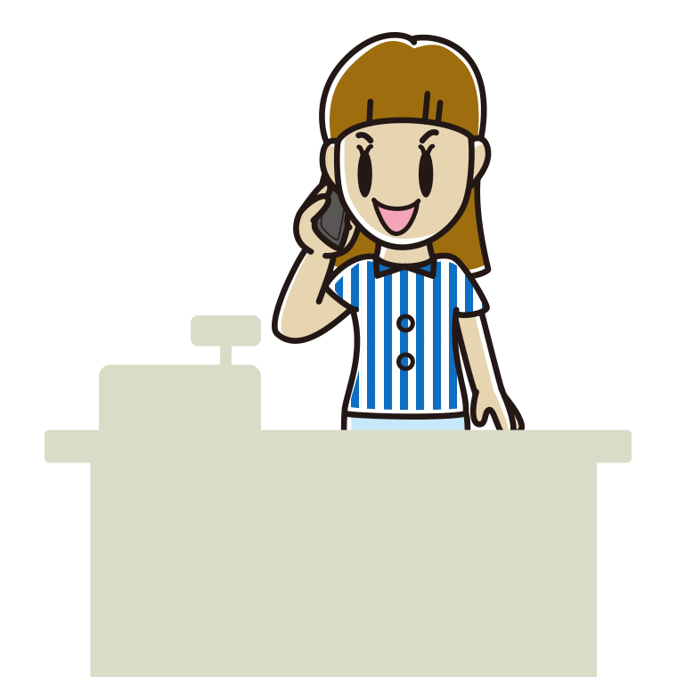 スマホで電話する女性コンビニ店員のイラスト【色あり、背景なし】透過PNG