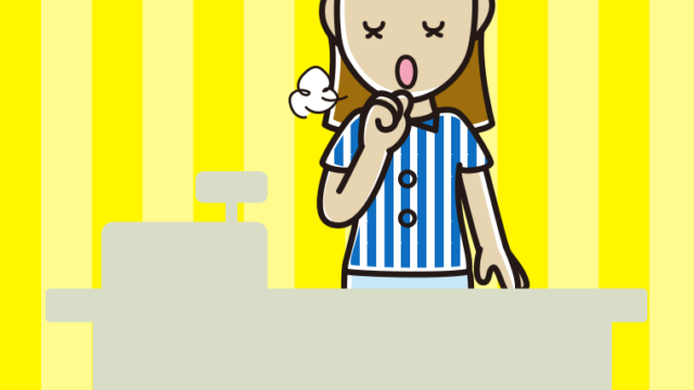 咳払いする女性コンビニ店員のイラスト【色、背景あり】PNG