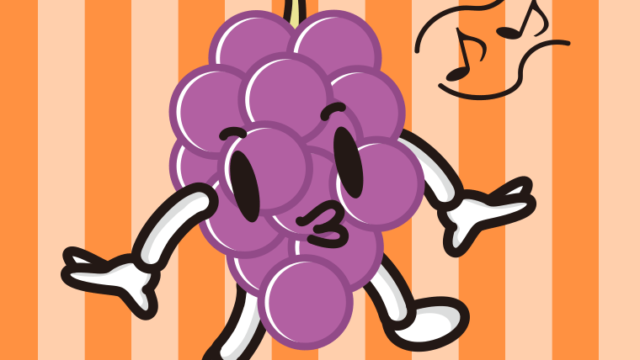 口笛を吹くぶどうちゃんのイラスト【色、背景あり】PNG