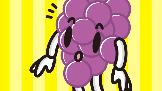 何かに気付くぶどうちゃんのイラスト【色、背景あり】PNG