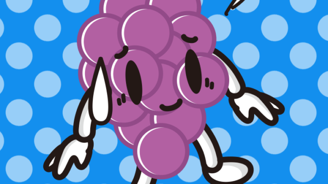 苦笑いするぶどうちゃんのイラスト【色、背景あり】PNG