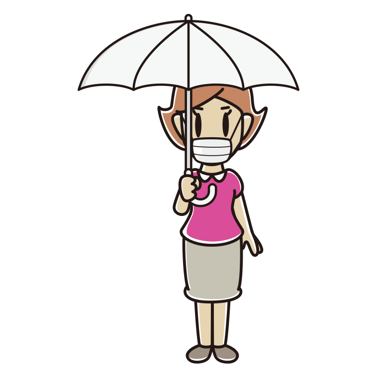 傘をさすマスクをした女性のイラスト【色あり、背景なし】透過PNG