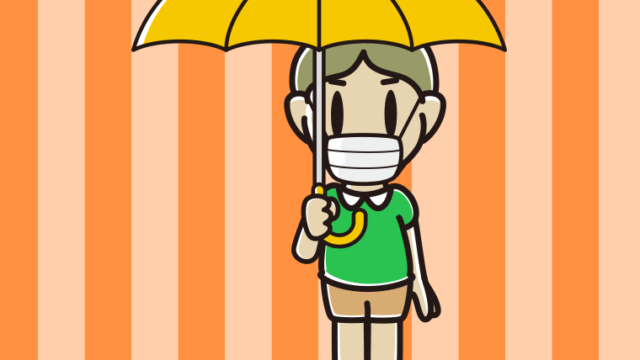 傘をさすマスクをした小学生男子のイラスト【色、背景あり】PNG