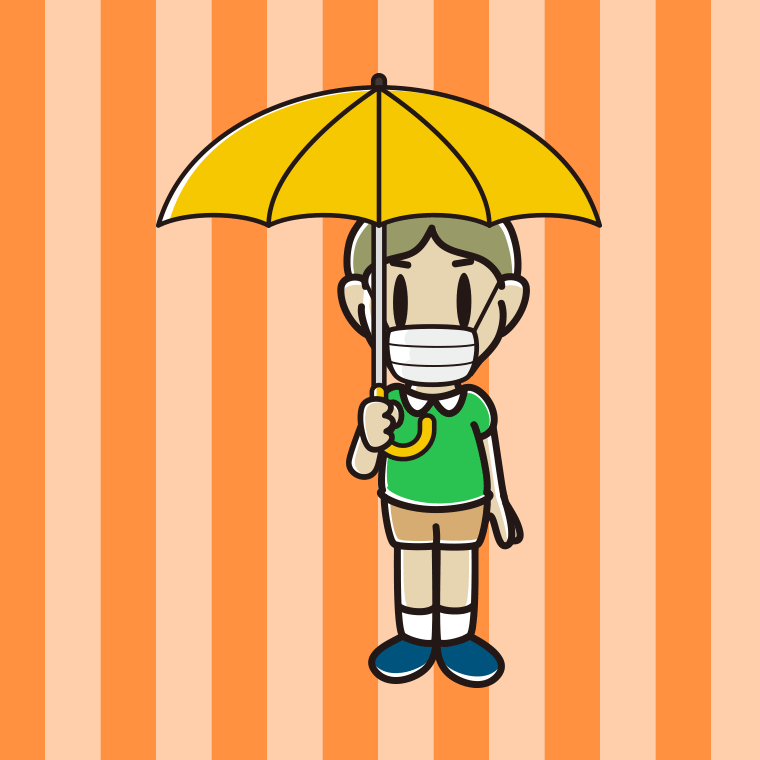 傘をさすマスクをした小学生男子のイラスト【色、背景あり】PNG