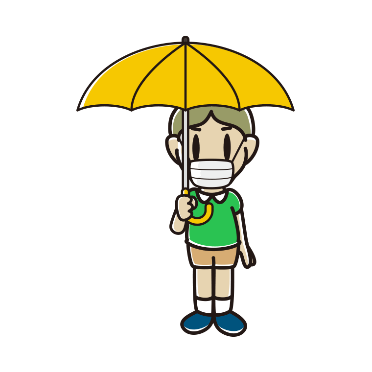 傘をさすマスクをした小学生男子のイラスト【色あり、背景なし】透過PNG