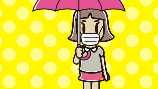 傘をさすマスクをした小学生女子のイラスト【色、背景あり】PNG