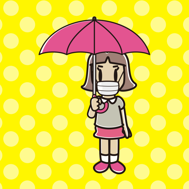 傘をさすマスクをした小学生女子のイラスト【色、背景あり】PNG
