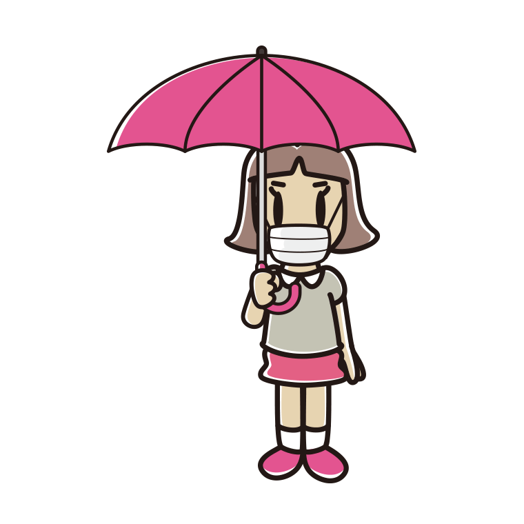 傘をさすマスクをした小学生女子のイラスト【色あり、背景なし】透過PNG