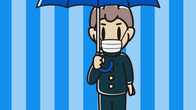 傘をさすマスクをした男子中学生のイラスト【色、背景あり】PNG