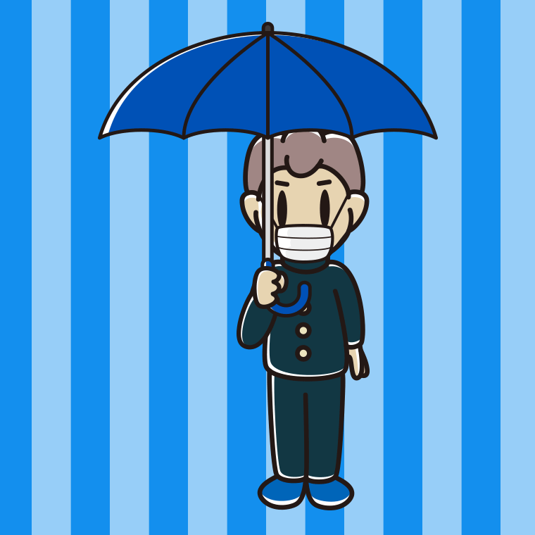 傘をさすマスクをした男子中学生のイラスト【色、背景あり】PNG