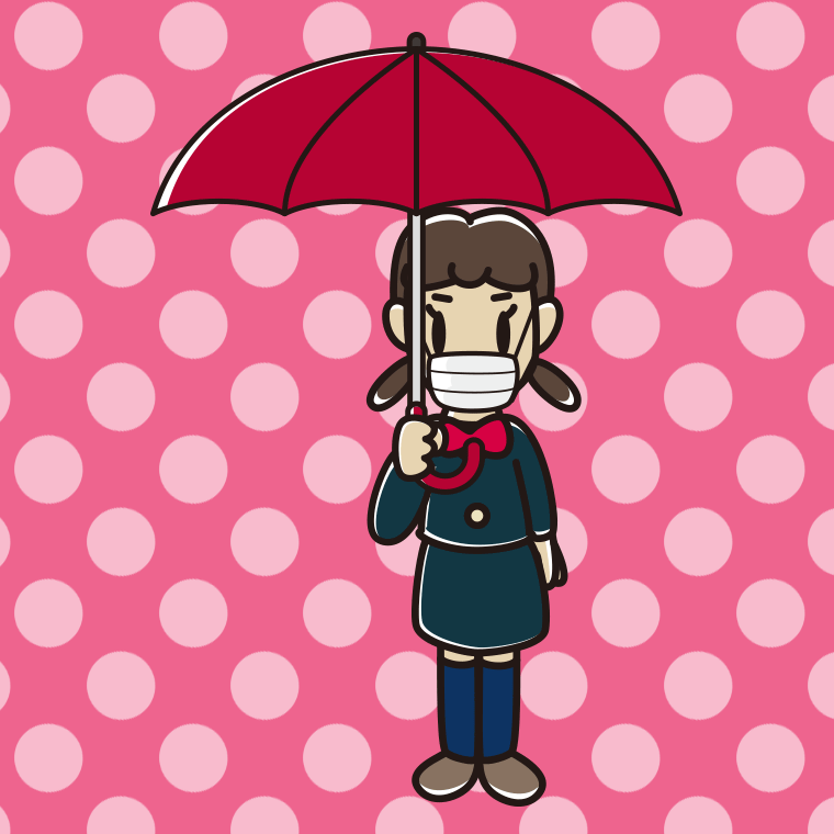 傘をさすマスクをした女子中学生のイラスト【色、背景あり】PNG