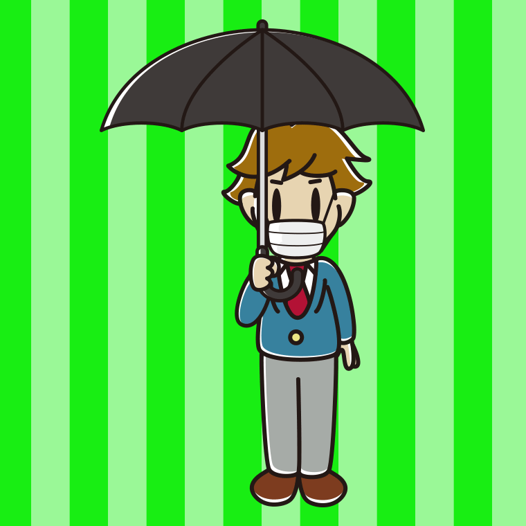 傘をさすマスクをした男子高校生のイラスト【色、背景あり】PNG