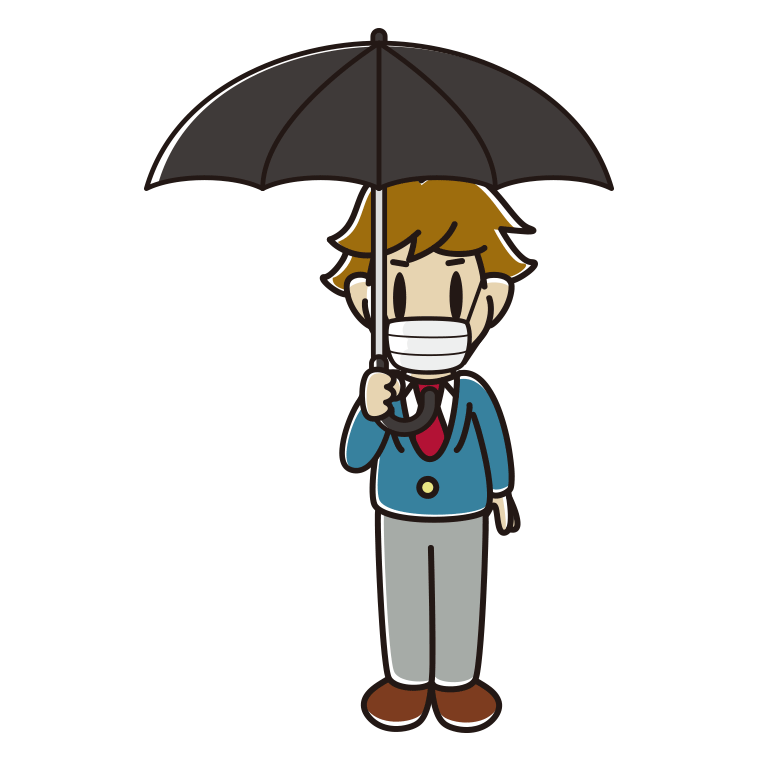 傘をさすマスクをした男子高校生のイラスト【色あり、背景なし】透過PNG