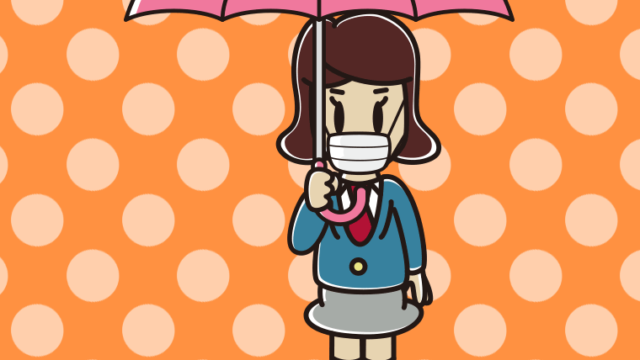 傘をさすマスクをした女子高校生のイラスト【色、背景あり】PNG