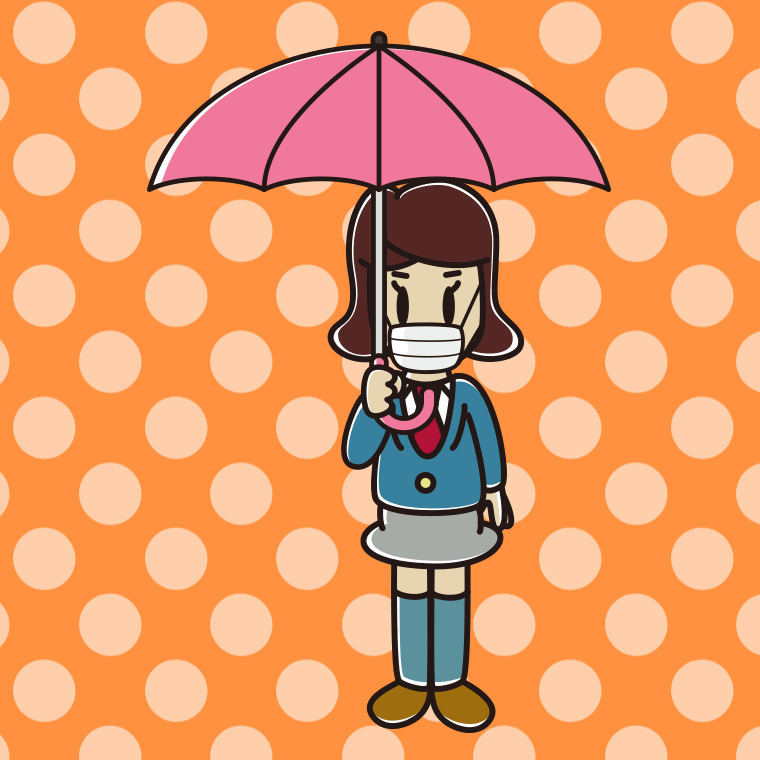 傘をさすマスクをした女子高校生のイラスト【色、背景あり】PNG