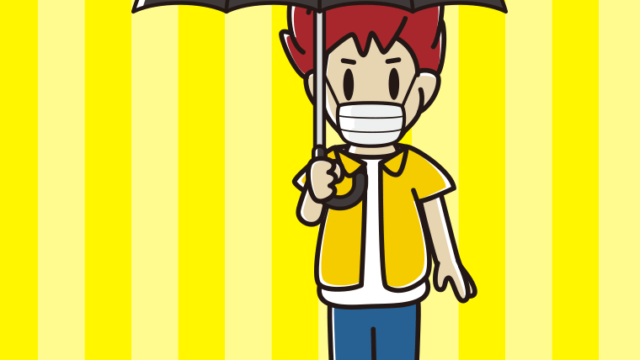 傘をさすマスクをした男子大学生のイラスト【色、背景あり】PNG