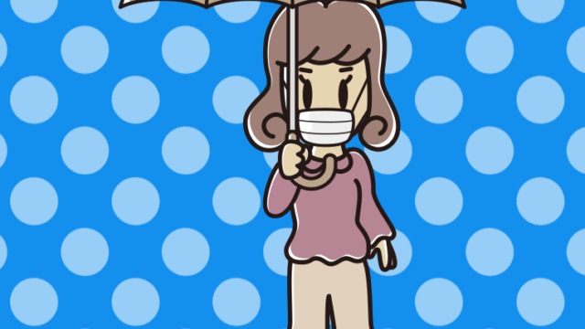 傘をさすマスクをした女子大学生のイラスト【色、背景あり】PNG