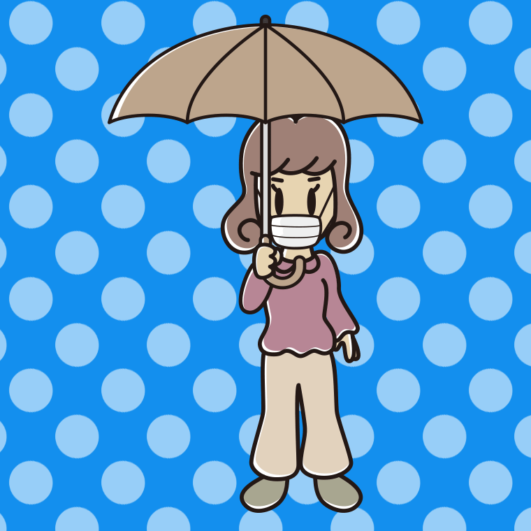 傘をさすマスクをした女子大学生のイラスト【色、背景あり】PNG