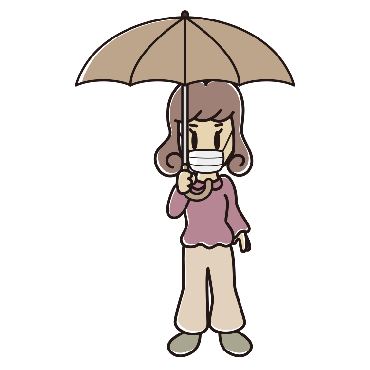傘をさすマスクをした女子大学生のイラスト【色あり、背景なし】透過PNG