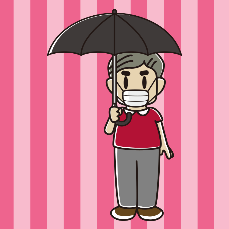 傘をさすマスクをしたおじさんのイラスト【色、背景あり】PNG