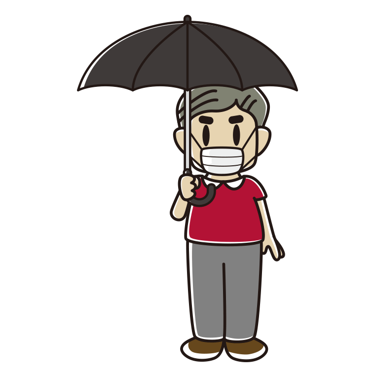 傘をさすマスクをしたおじさんのイラスト【色あり、背景なし】透過PNG