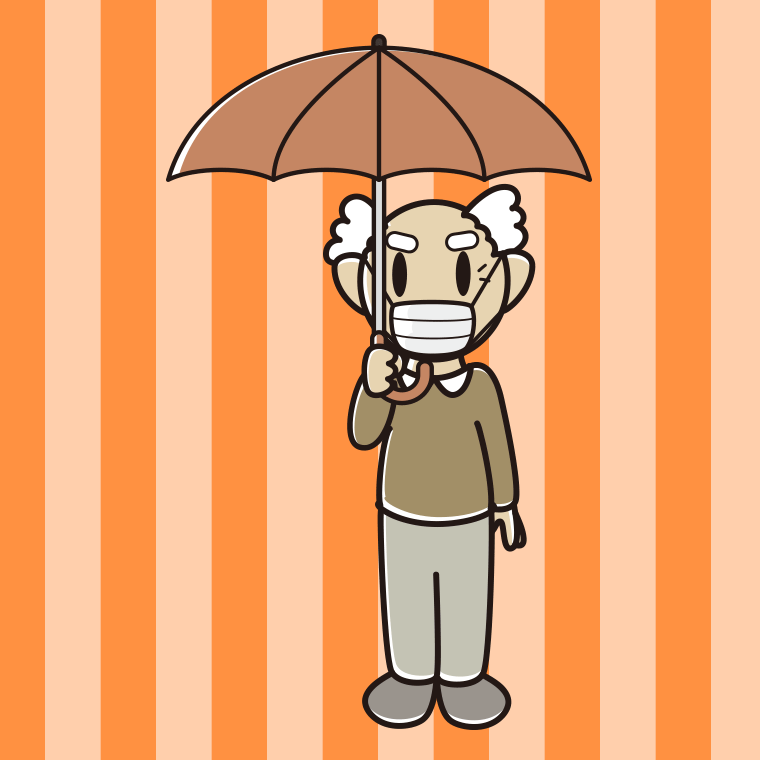 傘をさすマスクをしたおじいさんのイラスト【色、背景あり】PNG