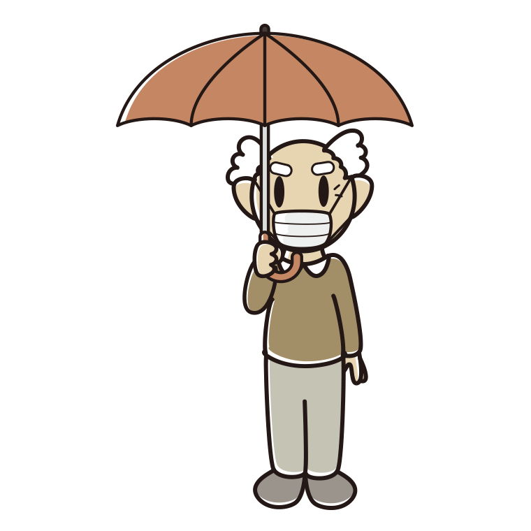 傘をさすマスクをしたおじいさんのイラスト【色あり、背景なし】透過PNG