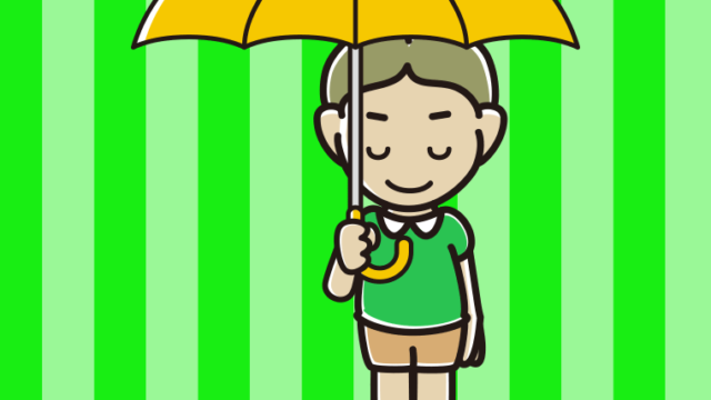 傘をさしてお辞儀する小学生男子のイラスト【色、背景あり】PNG