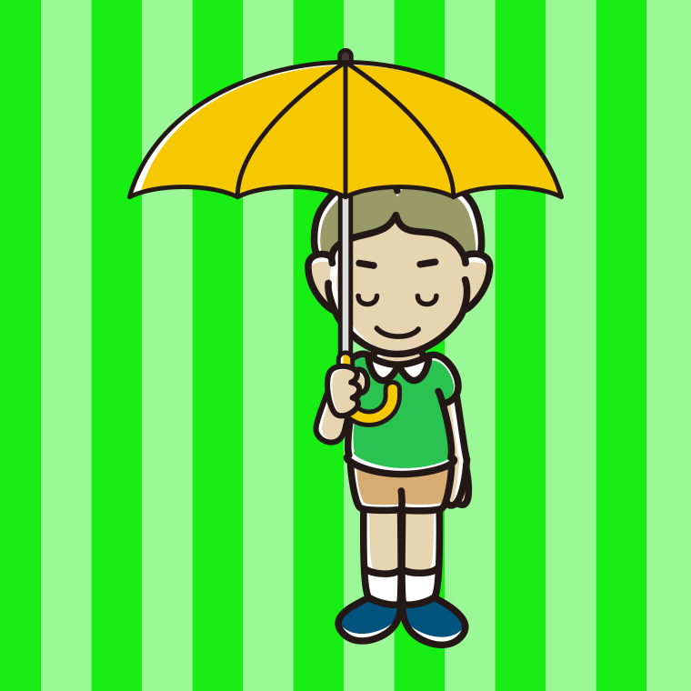 傘をさしてお辞儀する小学生男子のイラスト【色、背景あり】PNG