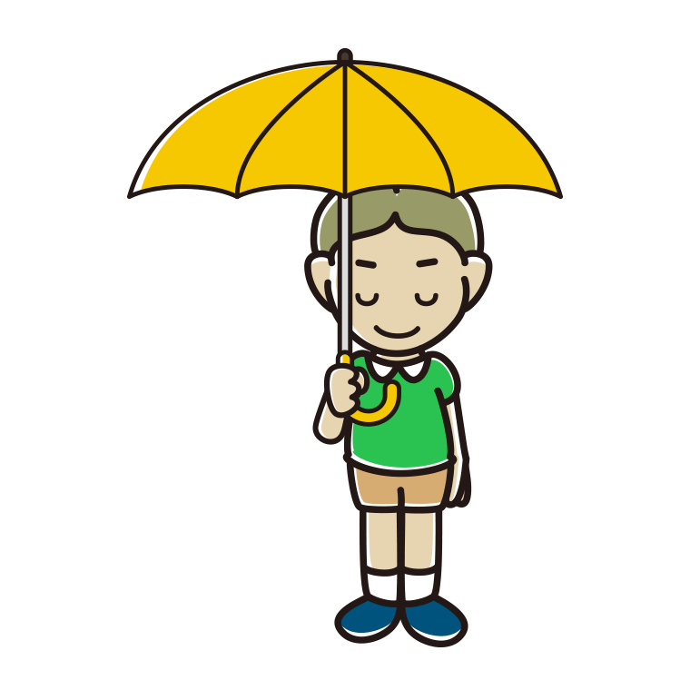 傘をさしてお辞儀する小学生男子のイラスト【色あり、背景なし】透過PNG