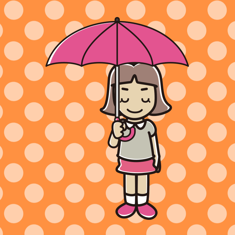 傘をさしてお辞儀する小学生女子のイラスト【色、背景あり】PNG