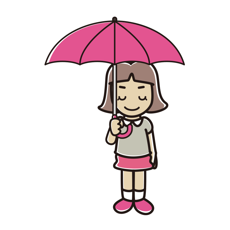傘をさしてお辞儀する小学生女子のイラスト【色あり、背景なし】透過PNG