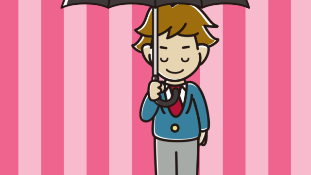 傘をさしてお辞儀する男子高校生のイラスト【色、背景あり】PNG