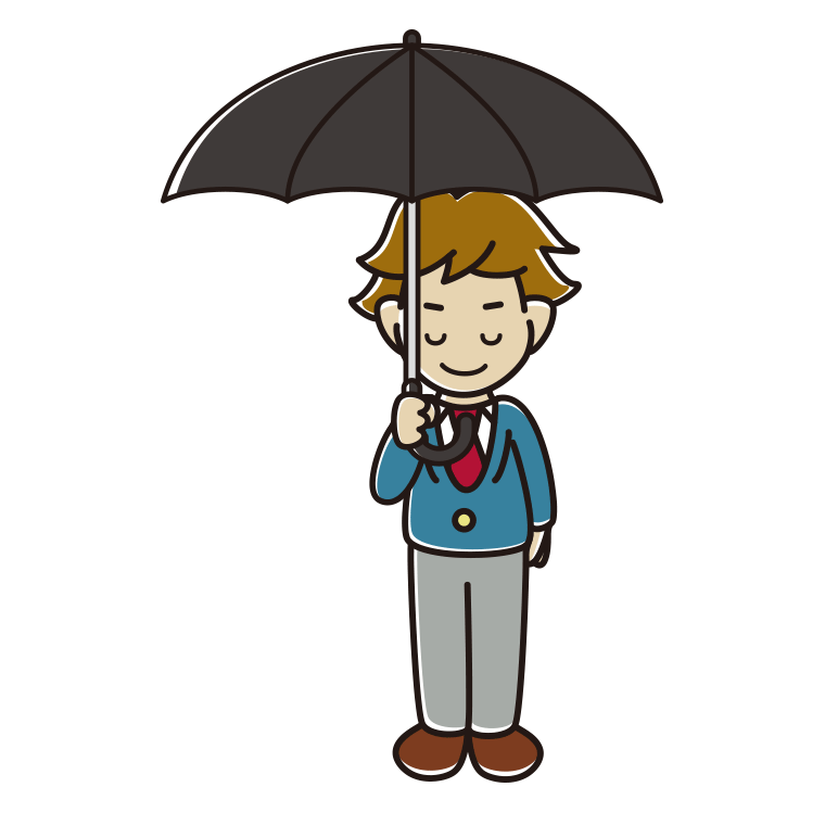 傘をさしてお辞儀する男子高校生のイラスト【色あり、背景なし】透過PNG