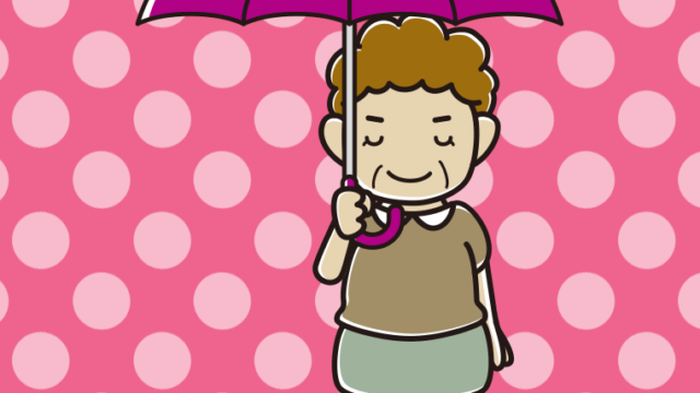 傘をさしてお辞儀するおばさんのイラスト【色、背景あり】PNG