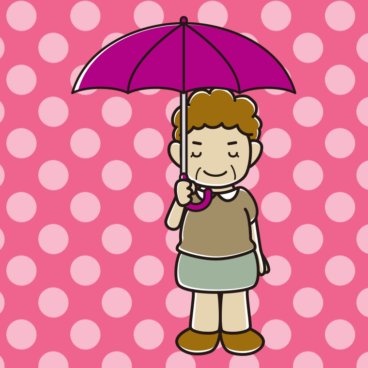 傘をさしてお辞儀するおばさんのイラスト【色、背景あり】PNG