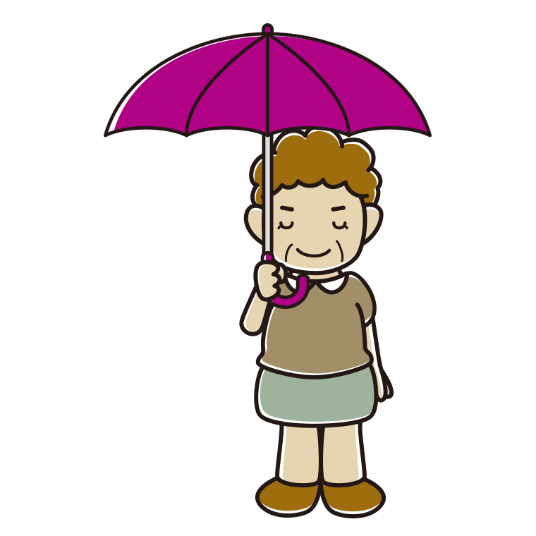 傘をさしてお辞儀するおばさんのイラスト【色あり、背景なし】透過PNG