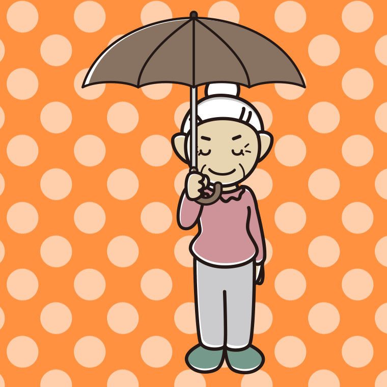 傘をさしてお辞儀するおばあさんのイラスト【色、背景あり】PNG
