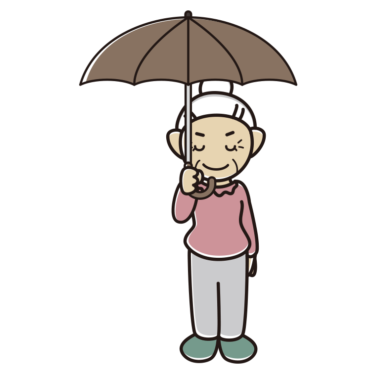 傘をさしてお辞儀するおばあさんのイラスト【色あり、背景なし】透過PNG