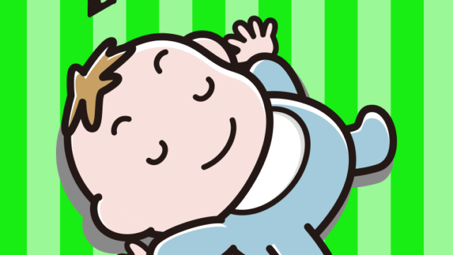 両腕をあげてバンザイ寝する男の子の赤ちゃんのイラスト【色、背景あり】PNG